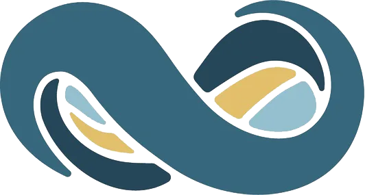 Simbol tak terhingga bergelombang dengan kombinasi warna biru, kuning, dan hijau menyiratkan konsep kontinuitas dan ketahanan dalam konteks yang harmonis.