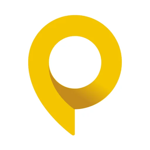 Logo berbentuk lingkaran dengan bagian bawah meruncing, berwarna kuning cerah, menandakan identitas merek yang dinamis dalam konteks navigasi atau lokasi.