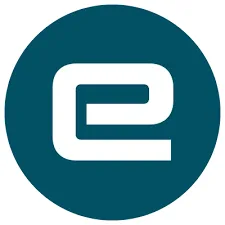 Logo berwarna biru tua dengan huruf "e" berwarna putih, menciptakan identitas visual yang modern dan sederhana, digunakan dalam konteks branding perusahaan.