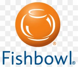 Logo bulatan oranye dengan garis putih menyerupai mangkuk ikan, menunjukkan nama "Fishbowl" di bawahnya. Simbol ini mencerminkan brand yang berkaitan dengan usaha atau komunitas.