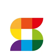 Logo berwarna-warni dengan bentuk mirip huruf "S" menyampaikan identitas merek, menonjolkan kesan modern dan inovatif dalam desain.