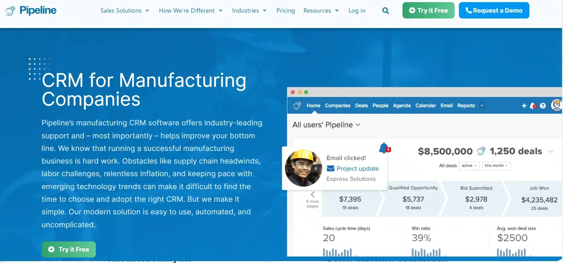 Landing Page PipelineDeals Manufacturing CRM Software_PipelineDeals