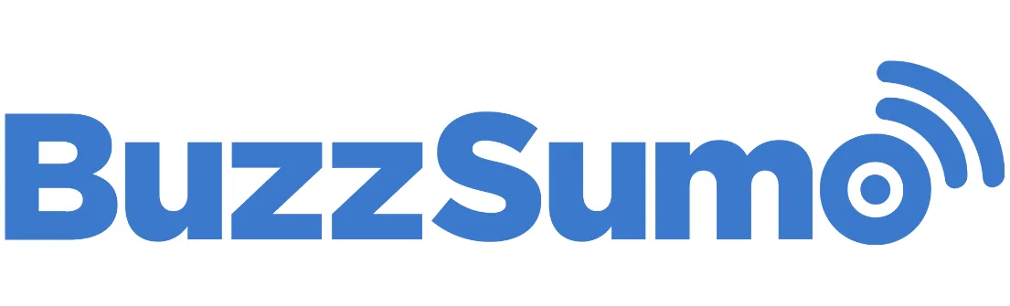 Logo BuzzSumo muncul dengan jelas, menandakan platform analisis konten. Dikenal dalam konteks pemasaran digital, logo ini menarik perhatian untuk mempromosikan strategi media sosial.
