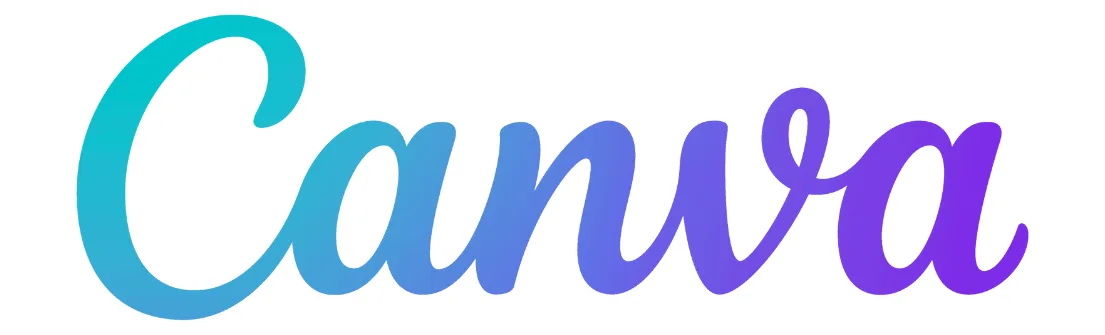 Kata "Canva" ditulis dengan gaya huruf yang berwarna biru dan ungu. Ini menunjukkan platform desain grafis yang mudah digunakan, berfokus pada kreativitas pengguna.