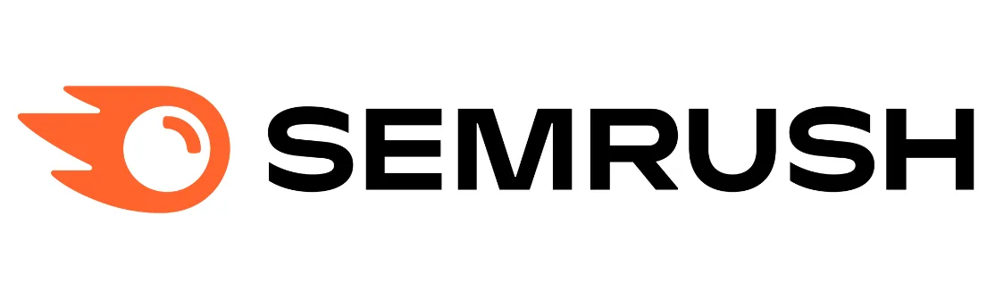 Logo dengan elemen komet berwarna oranye dan teks "SEMRUSH" yang jelas, berfungsi untuk membentuk identitas merek di dunia digital dan pemasaran online.