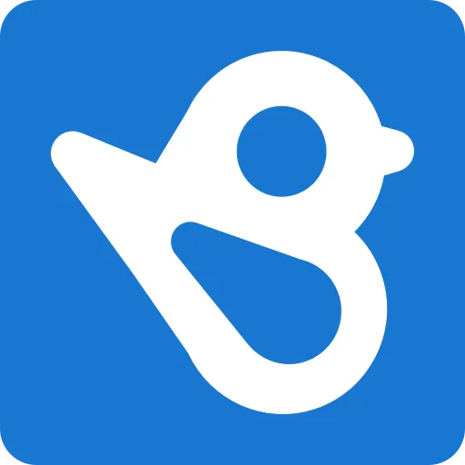 Logo berwarna biru dengan simbol burung putih, melambangkan platform komunikasi atau informasi yang efisien. Desain sederhana dan modern.