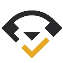 Sebuah logo modern menampilkan bentuk geometris dengan warna hitam dan oranye, melambangkan teknologi atau inovasi dalam konteks profesional.