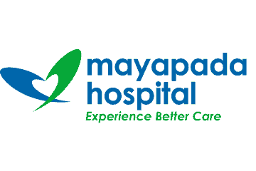 Logo rumah sakit Mayapada menampilkan simbol hati dan daun, mewakili layanan kesehatan yang peduli, dengan slogan 