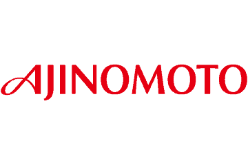 Logo Ajinomoto berwarna putih dengan latar belakang merah. Menyampaikan identitas merek yang kuat dalam industri makanan.