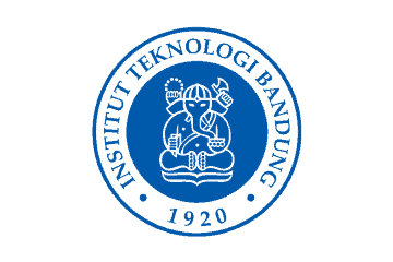 Logo Institut Teknologi Bandung menampilkan sosok dewa yang duduk dengan atribut simbolis, melambangkan pengetahuan dan inovasi, di latar belakang biru.