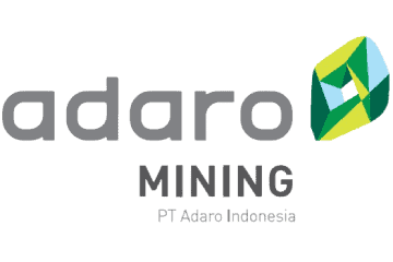 Logo PT Adaro Indonesia menampilkan nama perusahaan dengan elemen grafis berbentuk geometris. Dikenal di sektor tambang, mencerminkan identitas korporat yang kuat.
