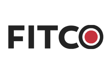 FITCO, sebagai logo dari merek kebugaran, menonjolkan nama dengan desain yang modern dan dinamis, menggunakan warna hitam dan merah untuk menarik perhatian.