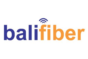 Bali Fiber menyajikan nama perusahaan dalam huruf modern, menggunakan kombinasi warna biru dan oranye untuk menciptakan kesan dinamis dalam konteks layanan internet.