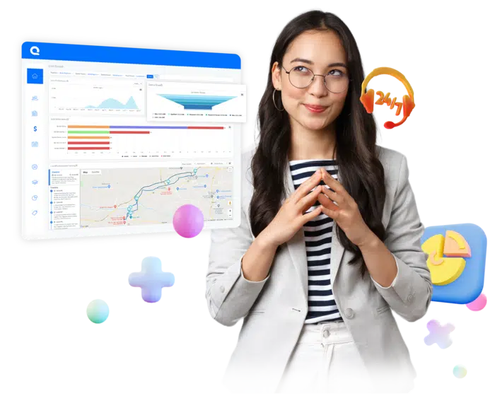 Dashboard analitik menampilkan grafik dan peta, sementara seorang profesional dengan gaya rapi menyampaikan informasi dengan percaya diri.