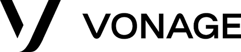Sebuah logo merek teknologi komunikasi menonjol dengan huruf "V" dan kata "VONAGE," mencerminkan identitas perusahaan yang modern dan profesional.