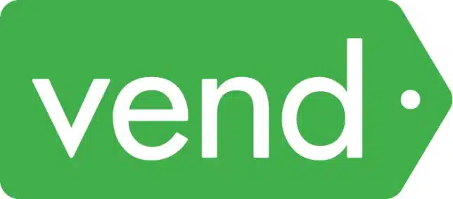 Logo berwarna hijau dengan teks "vend" memberikan identitas visual untuk layanan penjualan, menciptakan kesan yang modern dan menarik di konteks pemasaran.