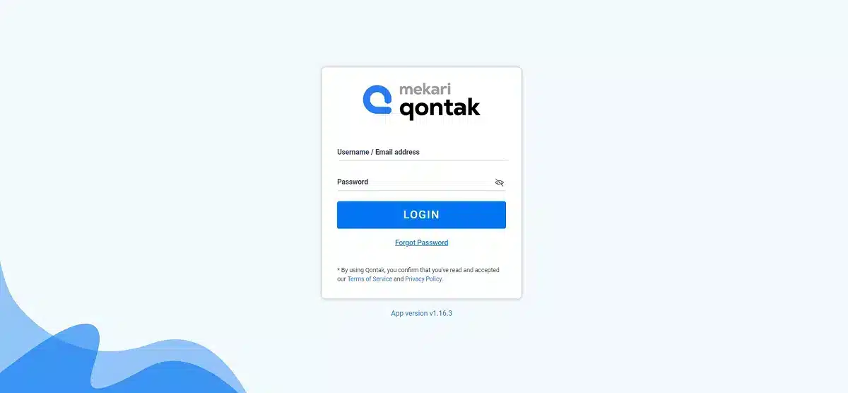 Mekari Qontak Login Page Langkah keempat Membuat WhatsApp Chatbot dengan masuk ke chat panel Qontak
