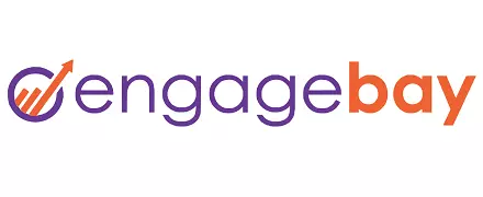 Logo EngageBay menampilkan nama perusahaan dengan grafik panah yang menunjukkan pertumbuhan, mencerminkan fokus pada pemasaran dan manajemen bisnis.