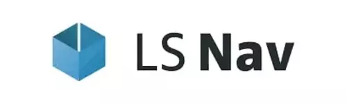 Logo LS Nav terlihat dengan bentuk geometris sederhana berwarna biru. Teks di sebelahnya menampilkan nama "LS Nav," menunjukkan identitas merek dalam konteks teknologi.