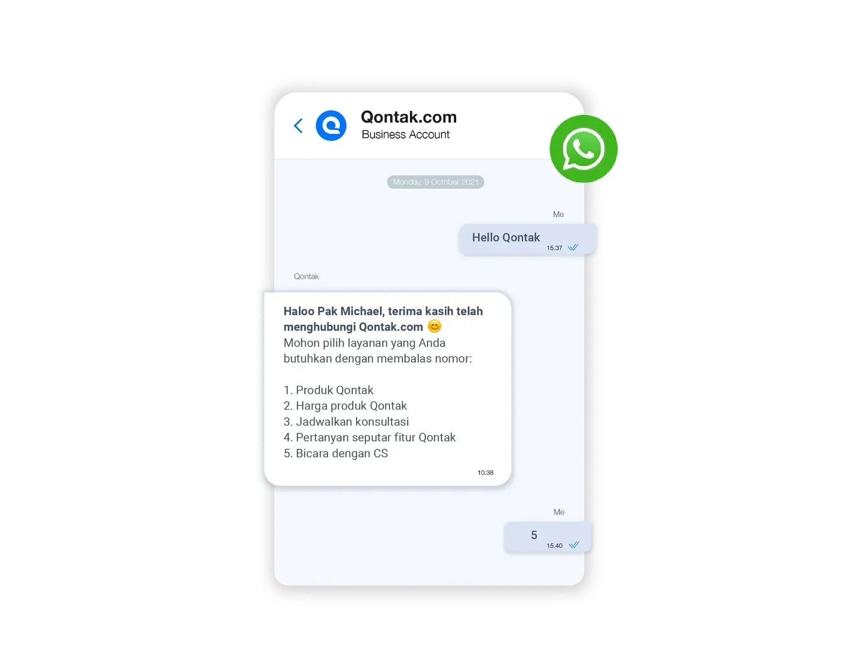 Tampilan Halaman Chat Mekari Qontak dengan Pelanggan Ilustrasi saat agen menerima pesanan atau keluhan pelanggan