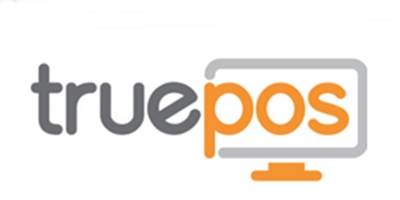 Logo "truepos" menampilkan teks dalam gaya modern dengan warna abu-abu dan oranye, menggambarkan identitas merek yang berhubungan dengan teknologi.