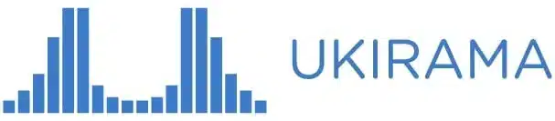 Bentuk grafik vertikal berwarna biru mewakili data atau statistik, sementara teks "UKIRAMA" menunjukkan identitas atau merek yang terkait.