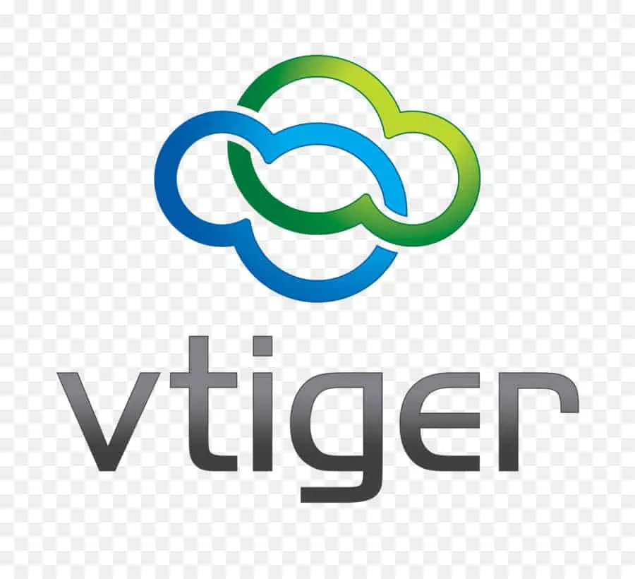 Logo vtiger menampilkan dua awan berwarna biru dan hijau, terintegrasi dengan nama merek yang terlihat modern dan profesional, mencerminkan solusi perangkat lunak.