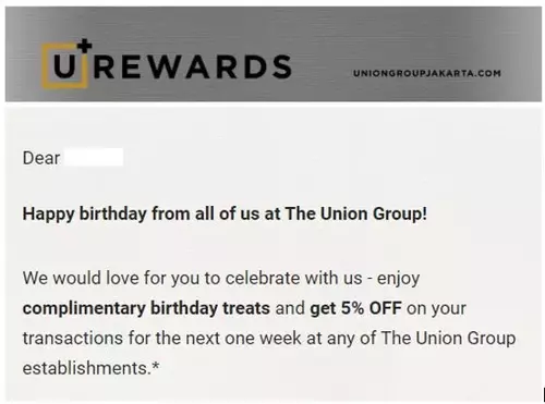 Ulang tahun atau anniversary Contoh Penerapan Marketing Automation _ Email ucapan ulang tahun dari Union