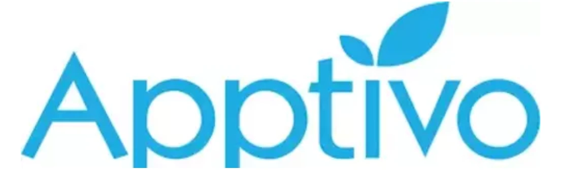 Logo Apptivo menampilkan nama perusahaan dengan huruf biru cerah, disertai ikon daun di atas, mencerminkan inovasi dan layanan berbasis teknologi.