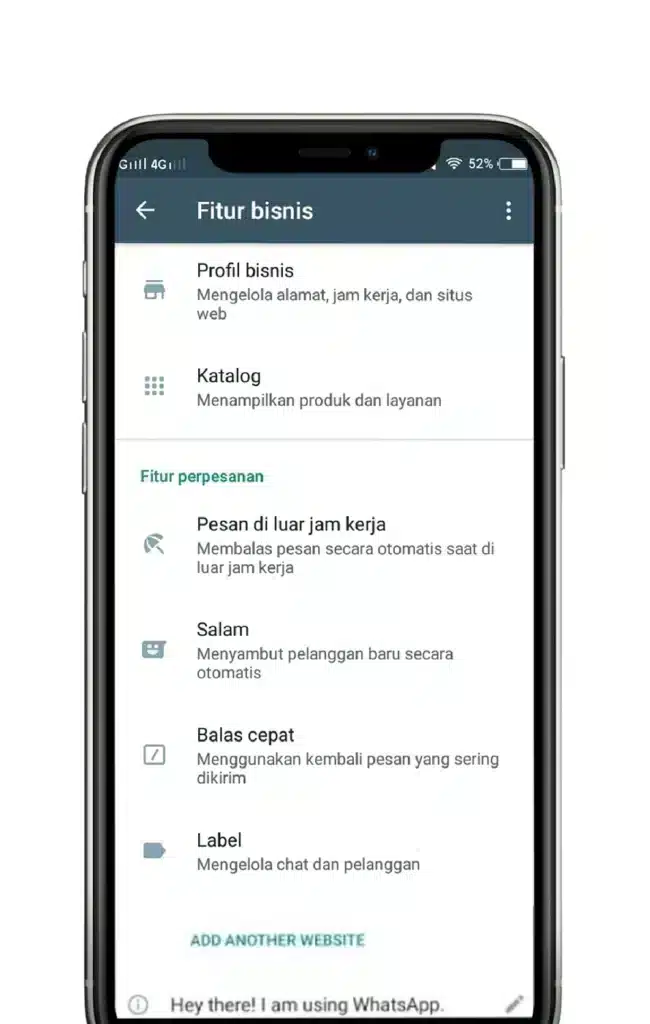 Klik opsi Fitur Bisnis pada Setelan WhatsApp Klik opsi Fitur Bisnis pada Setelan WhatsApp
