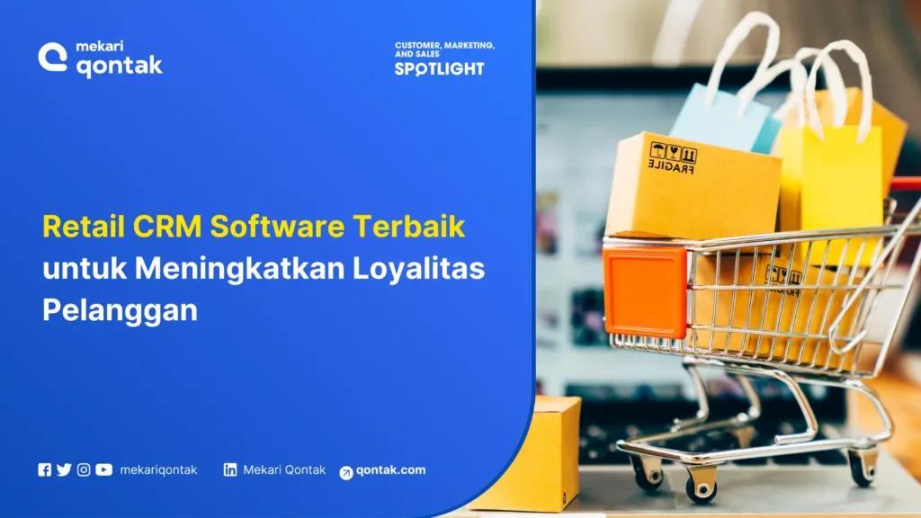 Retail CRM Software Terbaik untuk Meningkatkan Loyalitas Pelanggan Keranjang belanja berisi kotak dan kantong berwarna, sedang berada di dekat layar komputer, menyoroti penggunaan perangkat lunak CRM untuk retail.