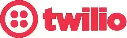 Logo berwarna merah dengan ikon bulat berisi titik-titik, tertera nama "Twilio" dalam huruf tebal. Digunakan dalam konteks komunikasi digital.