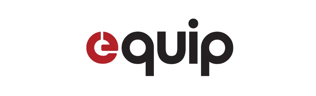 Logo dengan tulisan "equip" mengusung desain modern. Warna merah dan hitam menciptakan kontras yang menarik, mencerminkan profesionalisme.