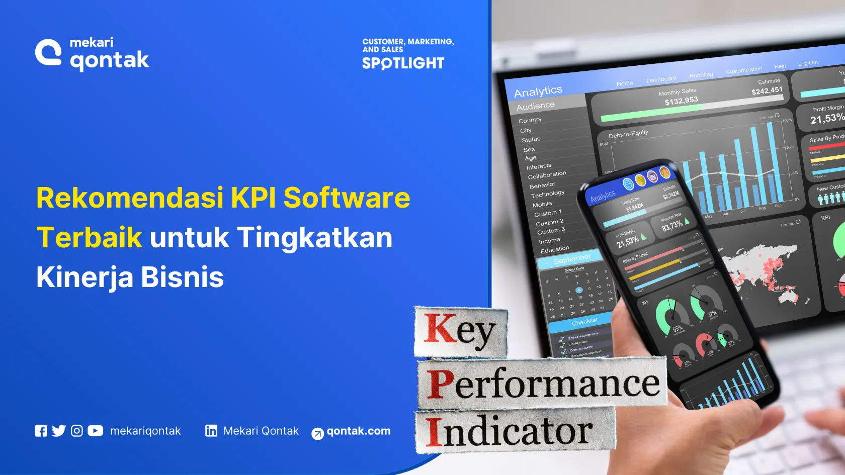 Tablet menunjukkan data analitik pencapaian kinerja bisnis, sementara smartphone menampilkan KPI untuk membantu pengambilan keputusan.