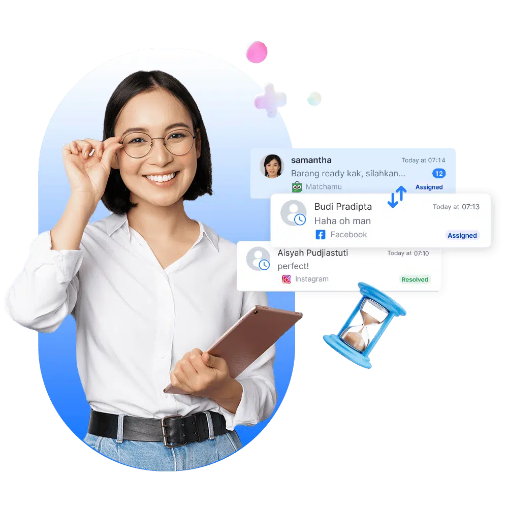 Seorang profesional mengenakan kemeja putih, menunjukkan gerakan tangan sambil memegang perangkat, dikelilingi oleh elemen digital yang menampilkan informasi dan interaksi.