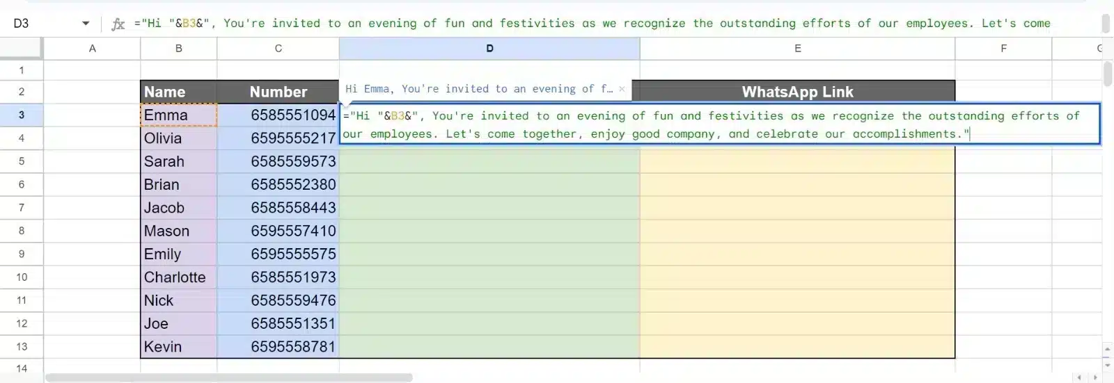 Write messages on excel automatically by typing the function
