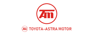 Logo Toyota-Astra Motor menonjol dengan huruf merah, mencerminkan identitas dan brand perusahaan otomotif yang terkemuka di Indonesia.