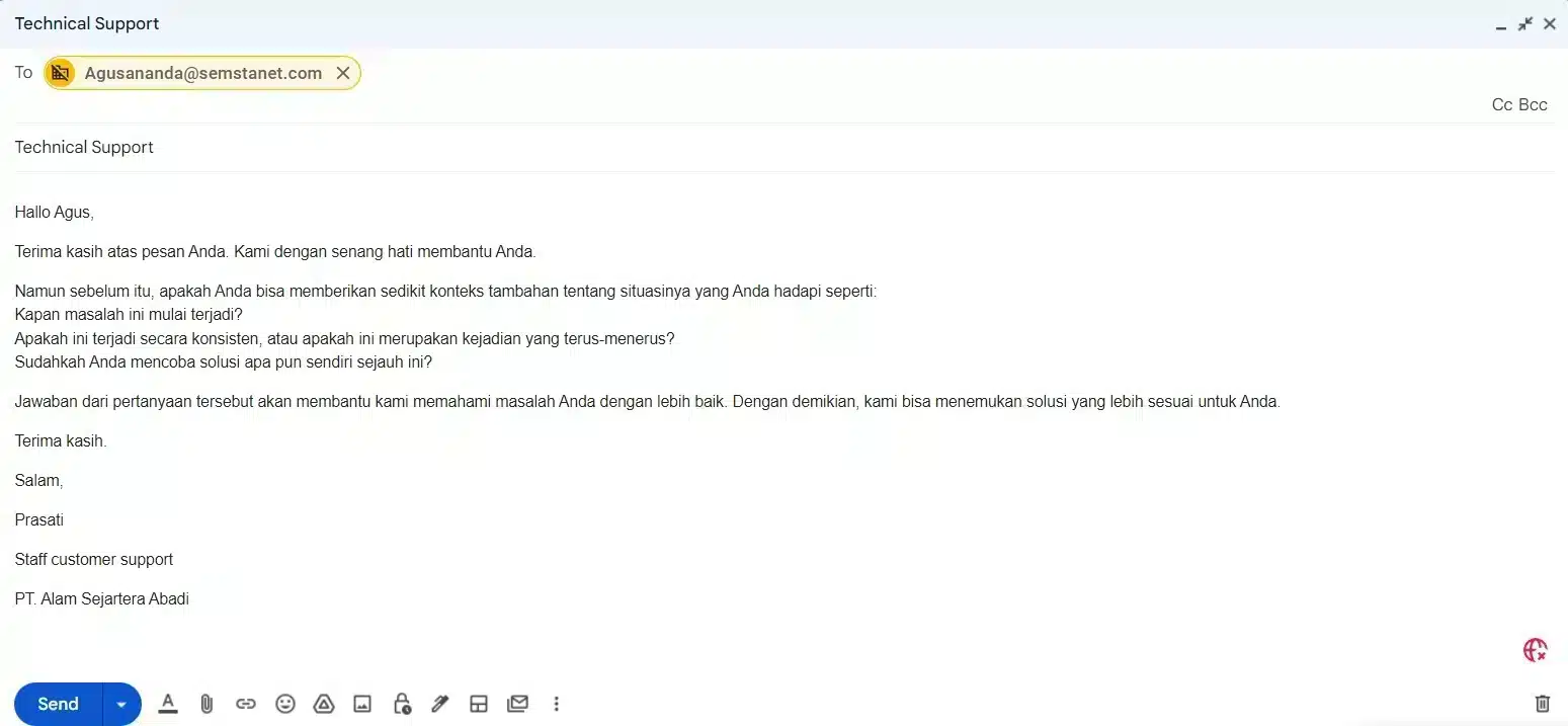 Template email customer service - Technical support