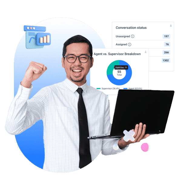 Seorang pria mengenakan dasi terlihat bersemangat sambil memegang laptop, menunjukkan statistik percakapan di latar belakang.
