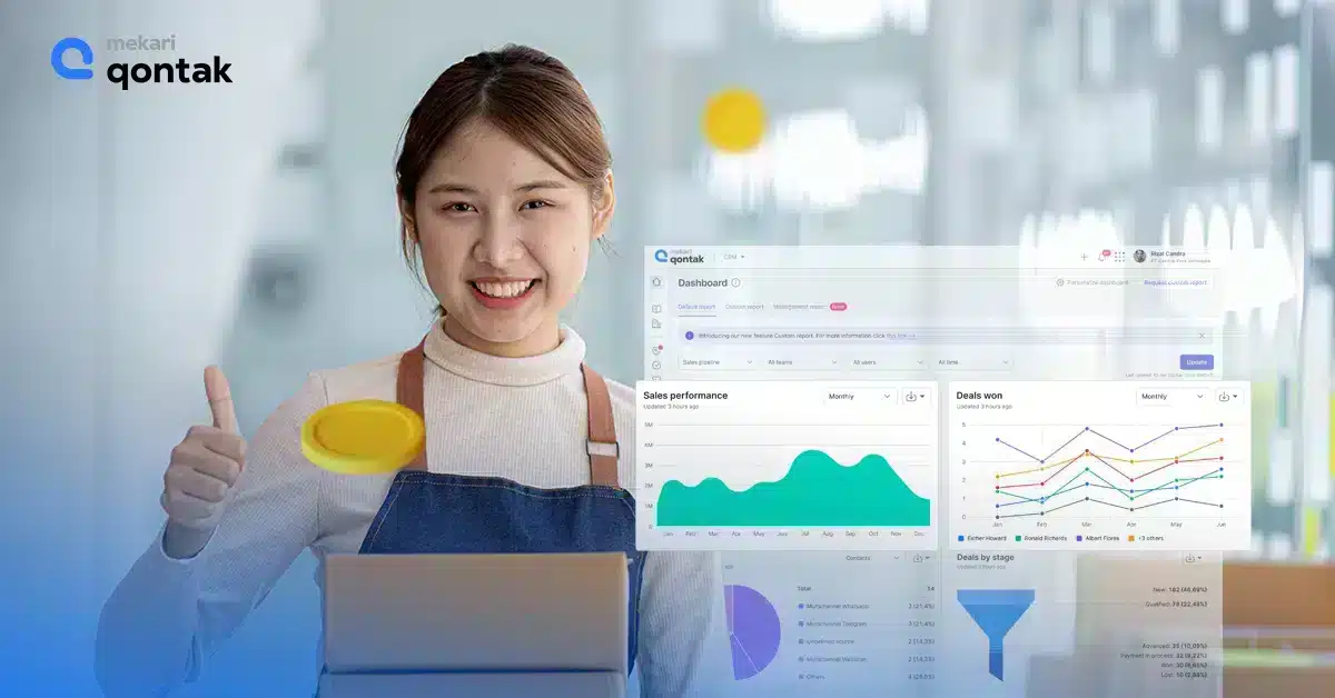 Seorang individu di ruang modern menunjukkan jari jempol, berinteraksi dengan grafik dan data performa di layar. Lingkungan menciptakan suasana profesional dan dinamis.