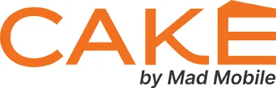 Logo "CAKE" dengan desain modern, menonjolkan kata "CAKE" berwarna oranye, di bawahnya tertulis "by Mad Mobile" dalam font lebih kecil, menunjukkan inovasi di teknologi mobile.