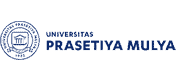Logo Universitas Prasetya Mulya, menampilkan lambang pendidikan dan nama universitas, menegaskan identitas akademik di latar belakang biru.