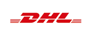Logo DHL berwarna merah dengan huruf kapital, menunjukkan identitas perusahaan logistik internasional saat menyediakan layanan pengiriman di seluruh dunia.
