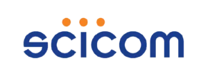 Logo biru bertuliskan "sci.com" dengan tiga titik oranye di atasnya, mewakili identitas brand dalam industri sains dan teknologi.