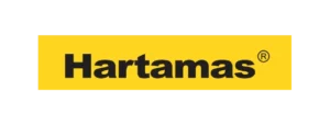 Logo berwarna kuning mencolok dengan tulisan "Hartamas" berwarna hitam menonjol, menunjukkan identitas merek di latar belakang sederhana.