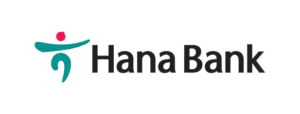 Logo Hana Bank menonjolkan elemen grafis berwarna teal dan merah, mencerminkan identitas perusahaan di sektor perbankan di lingkungan keuangan.