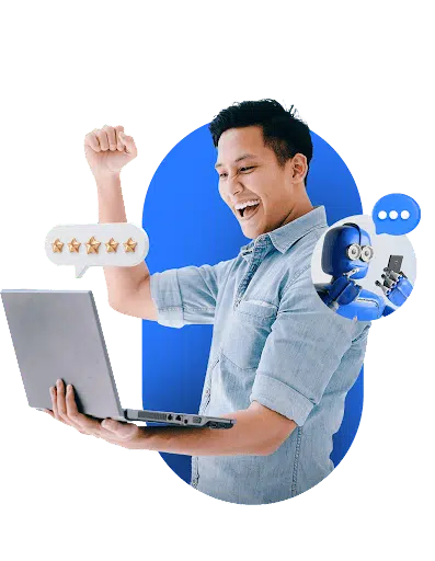 Seorang pria merayakan pencapaian sambil menggunakan laptop, menunjukkan antusiasme dengan mengangkat tangan. Di sebelahnya, karakter robot muncul dengan pesan dukungan.