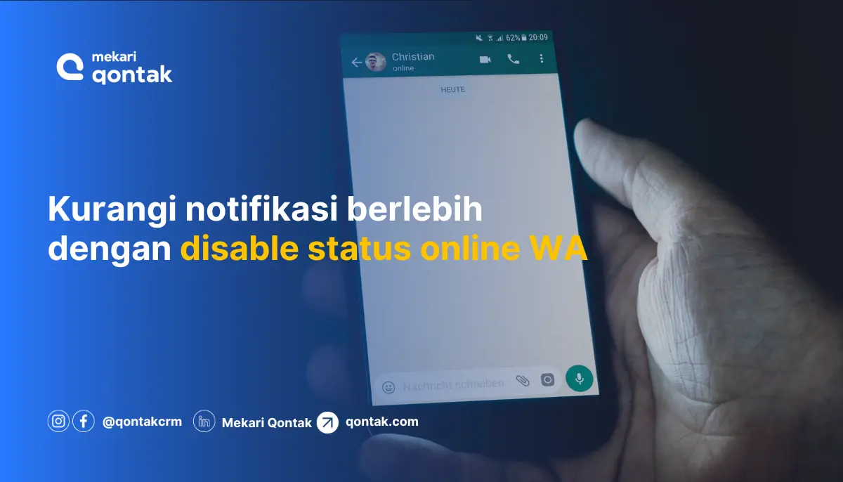 Ponsel menunjukkan aplikasi WhatsApp dengan status "online" terpilih, memberikan saran untuk menonaktifkan status tersebut guna mengurangi notifikasi.