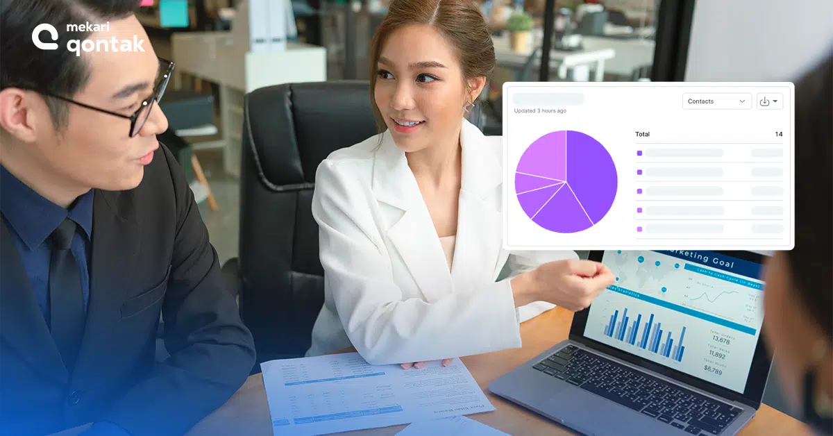 Seorang wanita mengenakan jas putih menjelaskan data grafik di laptop kepada dua kolega di ruang rapat yang modern dan terang.