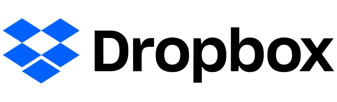 Logo Dropbox menampilkan ikon berlian biru yang diapit tulisan "Dropbox" dengan huruf tebal hitam, menciptakan identitas visual untuk layanan penyimpanan awan.